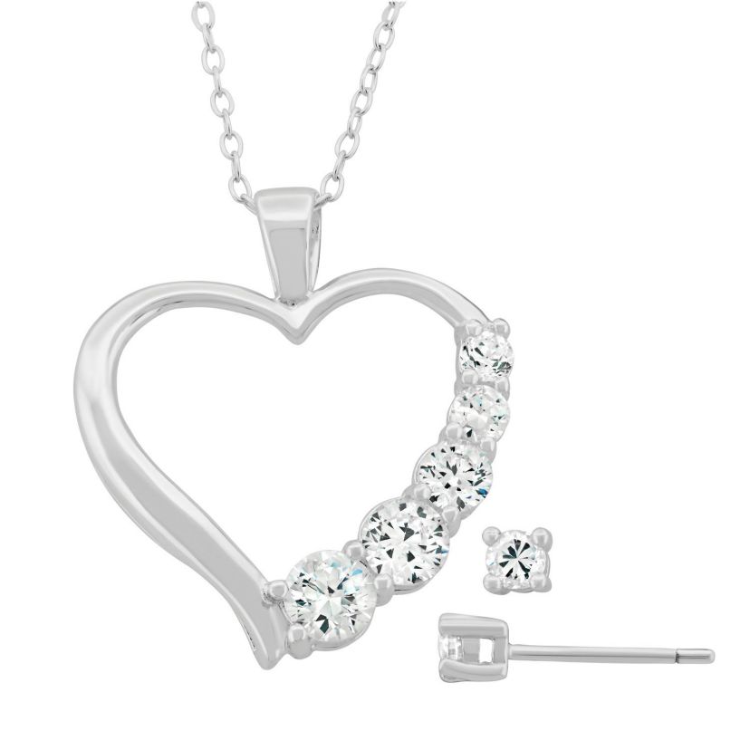 Lab Created Sterling Silver White Cubic Zirconia Open Heart Pendant and Stud Earring Set