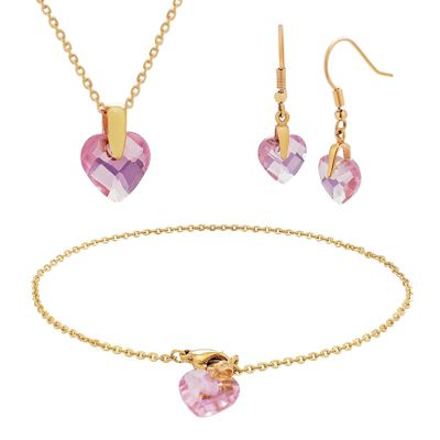 Forever New Crystal Glass Pink Checkerboard Heart Pendant, Bracelet and Drop Earring 3-Piece Jewelry Set in 18K Gold Plated Surgical Steel