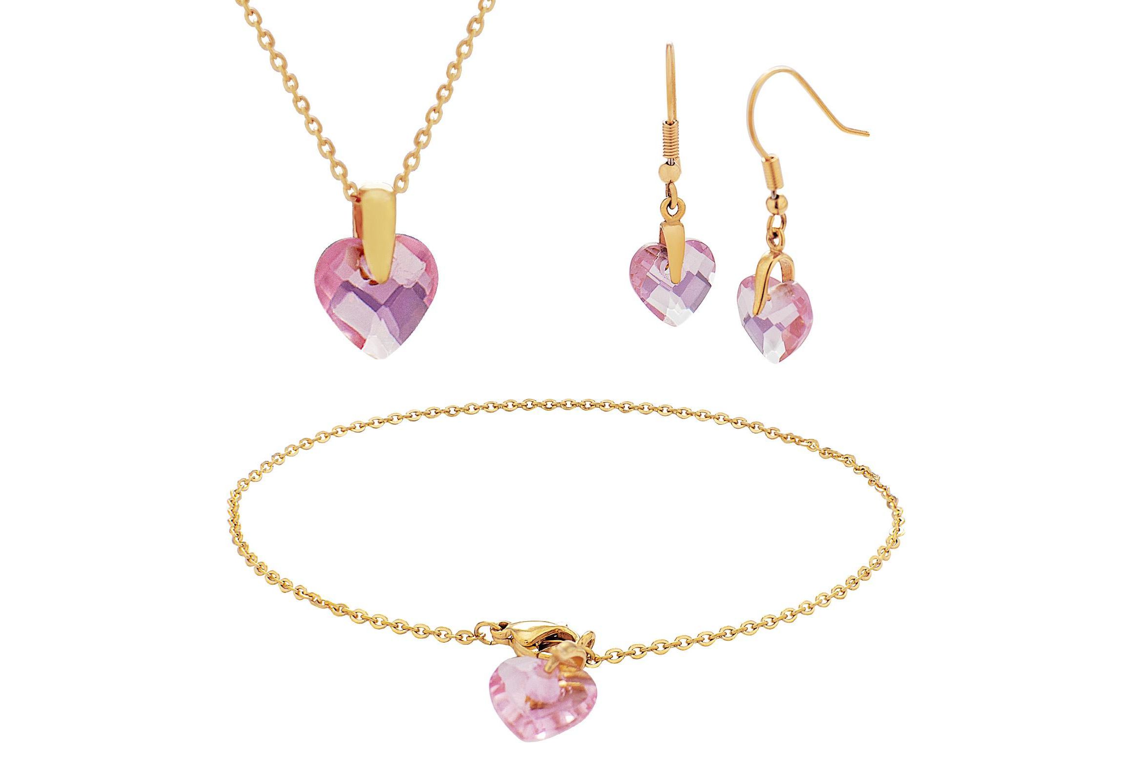Crystal Glass Pink Checkerboard Heart Pendant, Bracelet and Drop Earring 3-Piece Jewelry Set in 18K Gold Plated Surgical Steel