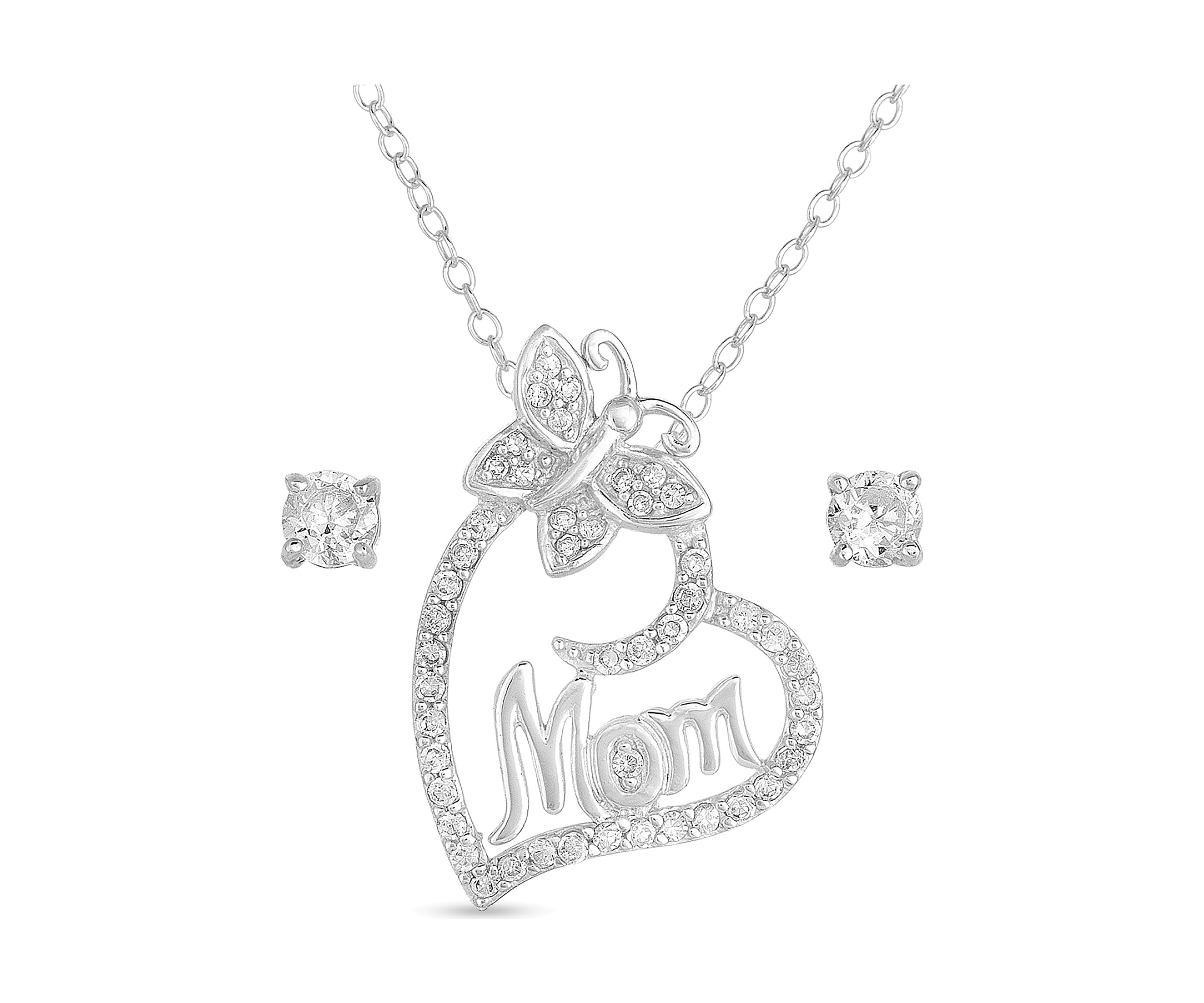 Lab Created CZ Mom Heart Pendant and Earring Set in Sterling Silver