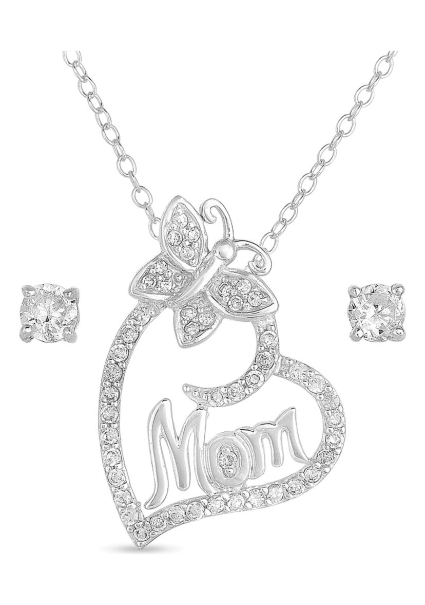 Lab Created CZ Mom Heart Pendant and Earring Set in Sterling Silver