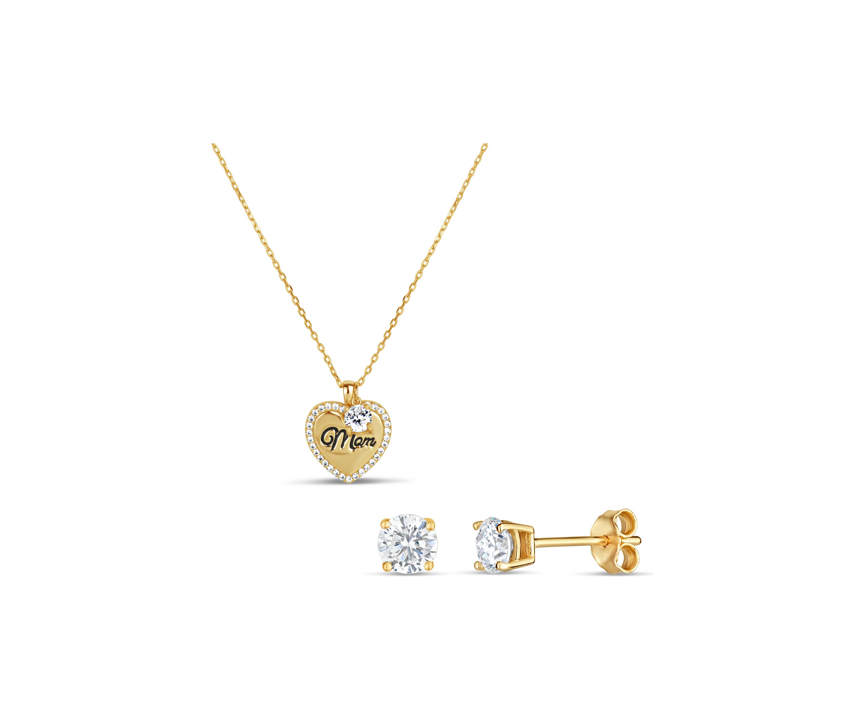 Lab Created CZ Mom Heart Pendant and Earring Set in Gold Plated Sterling Silver