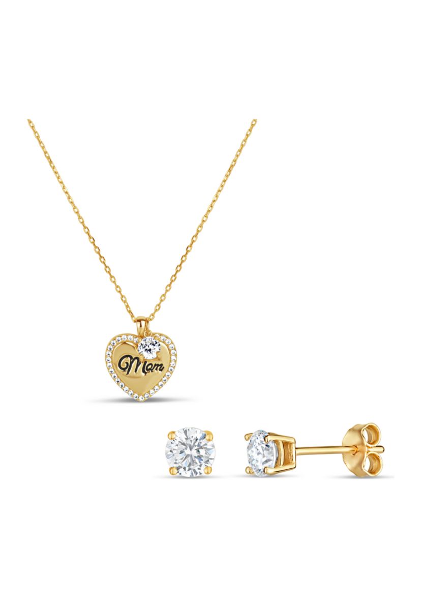 Lab Created CZ Mom Heart Pendant and Earring Set in Gold Plated Sterling Silver