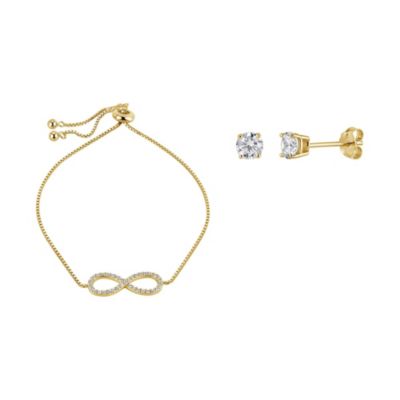 Forever New Lab Created Sterling Silver White Cubic Zirconia Infinity Adjustable Bolo Bracelet and 4mm CZ Stud Earring Set, Gold, 10 in