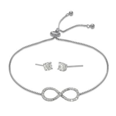 Forever New Lab Created Sterling Silver White Cubic Zirconia Infinity Adjustable Bolo Bracelet and 4mm CZ Stud Earring Set