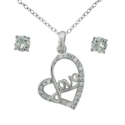 Forever New Lab Created Sterling Silver White Cubic Zirconia Love Heart Pendant and 4mm Round White Cubic Zirconia Stud Earring Set, 18 in
