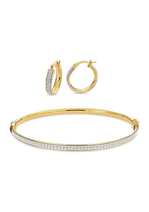  Gold Over Sterling Silver Glitter Squares Hoop and Bangle Set 