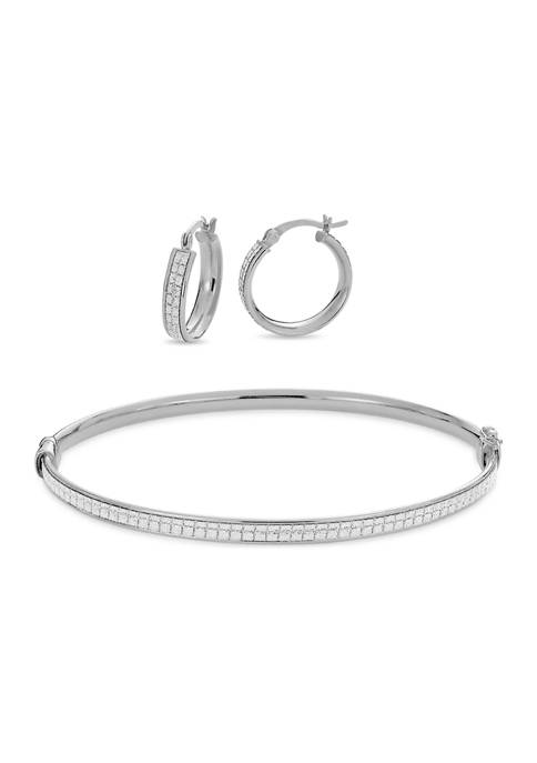  Sterling Silver Glitter Squares Hoop and Bangle Set 