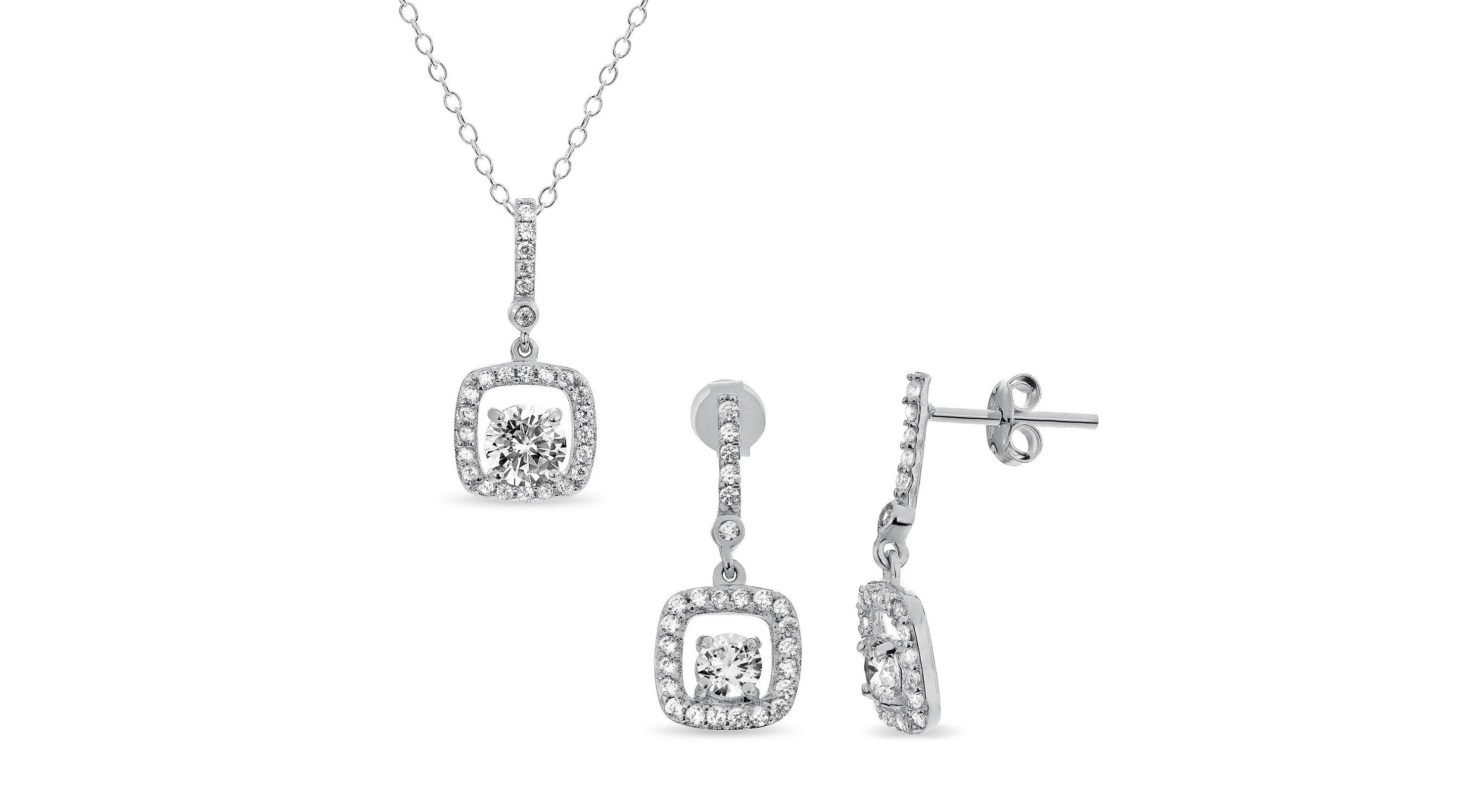 Lab Created Sterling Silver 4mm Cushion White Cubic Zirconia Drop Pendant and Earring Set