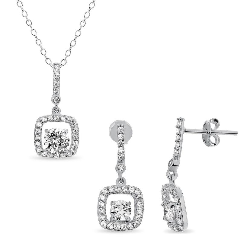 Lab Created Sterling Silver 4mm Cushion White Cubic Zirconia Drop Pendant and Earring Set