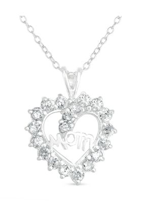 Designs by Helen Andrews Lab Created Sterling Silver White Cubic Zirconia Mom Heart Pendant 18-Inch Necklace