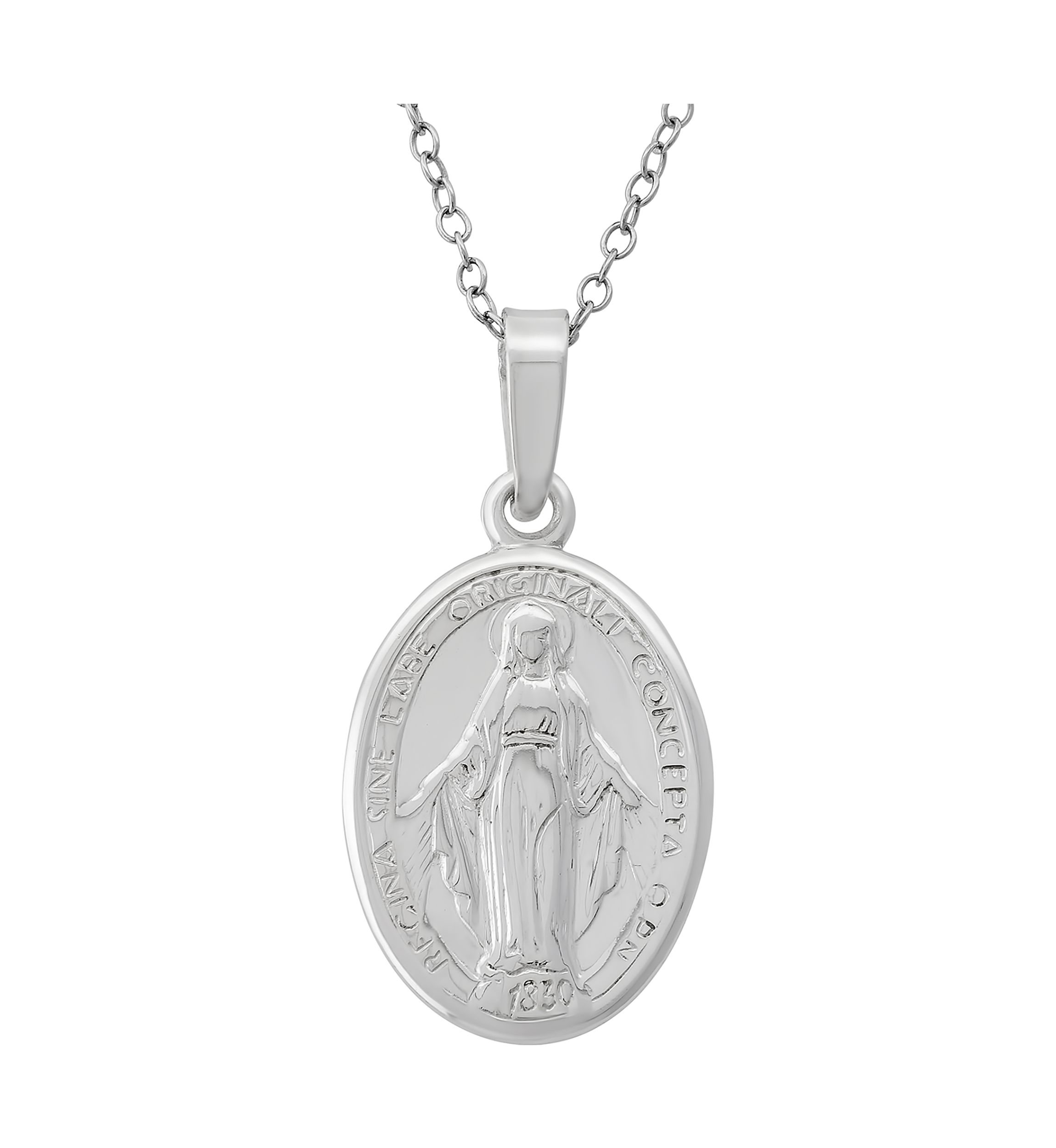 18-Inch Sterling Silver Virgin Mary Oval Medallion Necklace