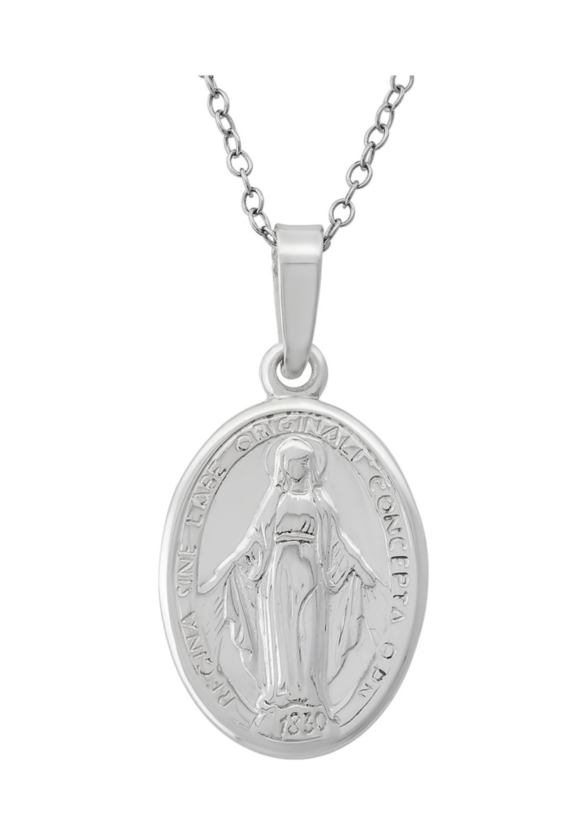 18-Inch Sterling Silver Virgin Mary Oval Medallion Necklace