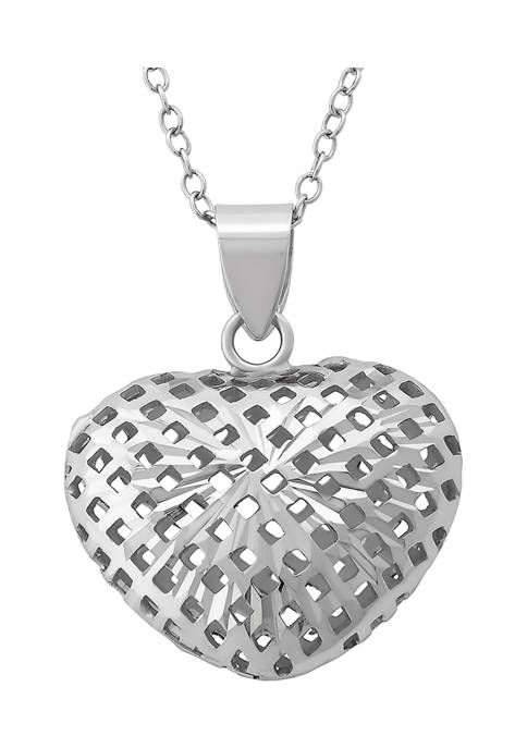 18-Inch Sterling Silver Diamond Cut Basket Puff Heart Pendant Necklace