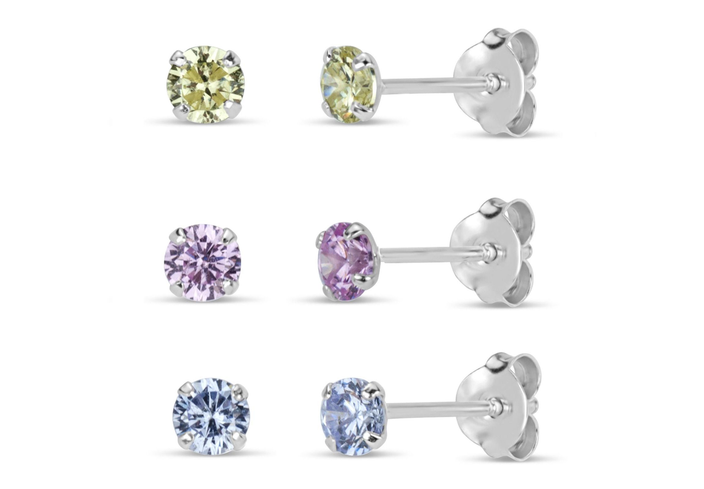 Lab Created Sterling Silver 4mm Round Pink, Lavendar and Peridot Cubic Zirconia 3-Pair Stud Earring Set