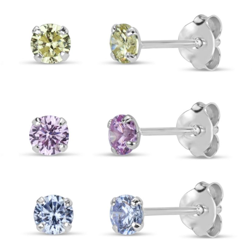 Lab Created Sterling Silver 4mm Round Pink, Lavendar and Peridot Cubic Zirconia 3-Pair Stud Earring Set