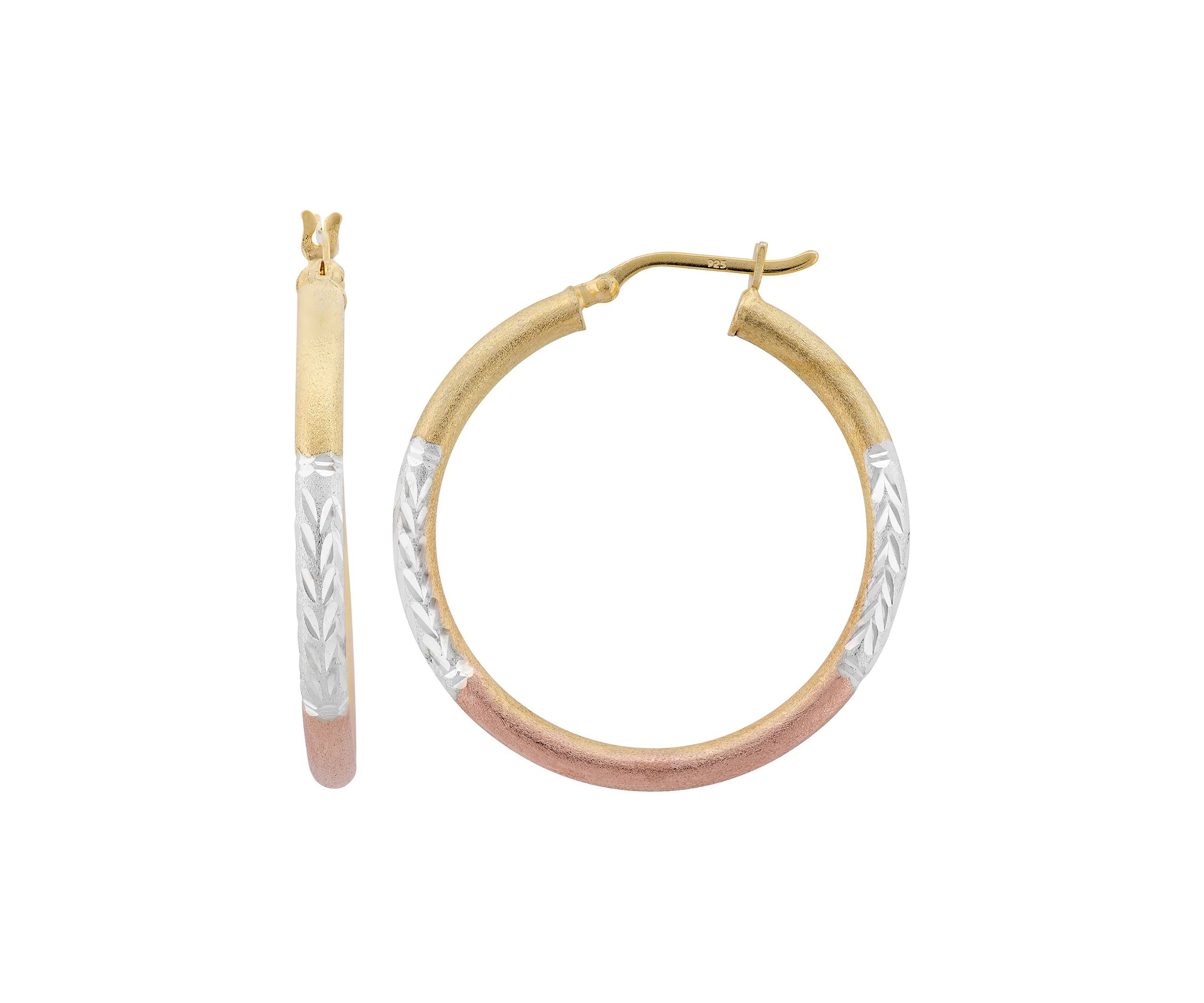 Satin Diamond Cut 35x3mm Hoop Earrings in Three Tone Sterling Silver