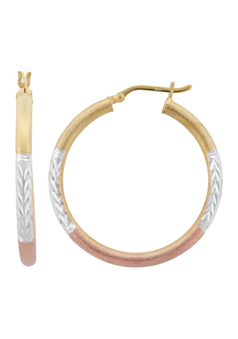 Satin Diamond Cut 35x3mm Hoop Earrings in Three Tone Sterling Silver