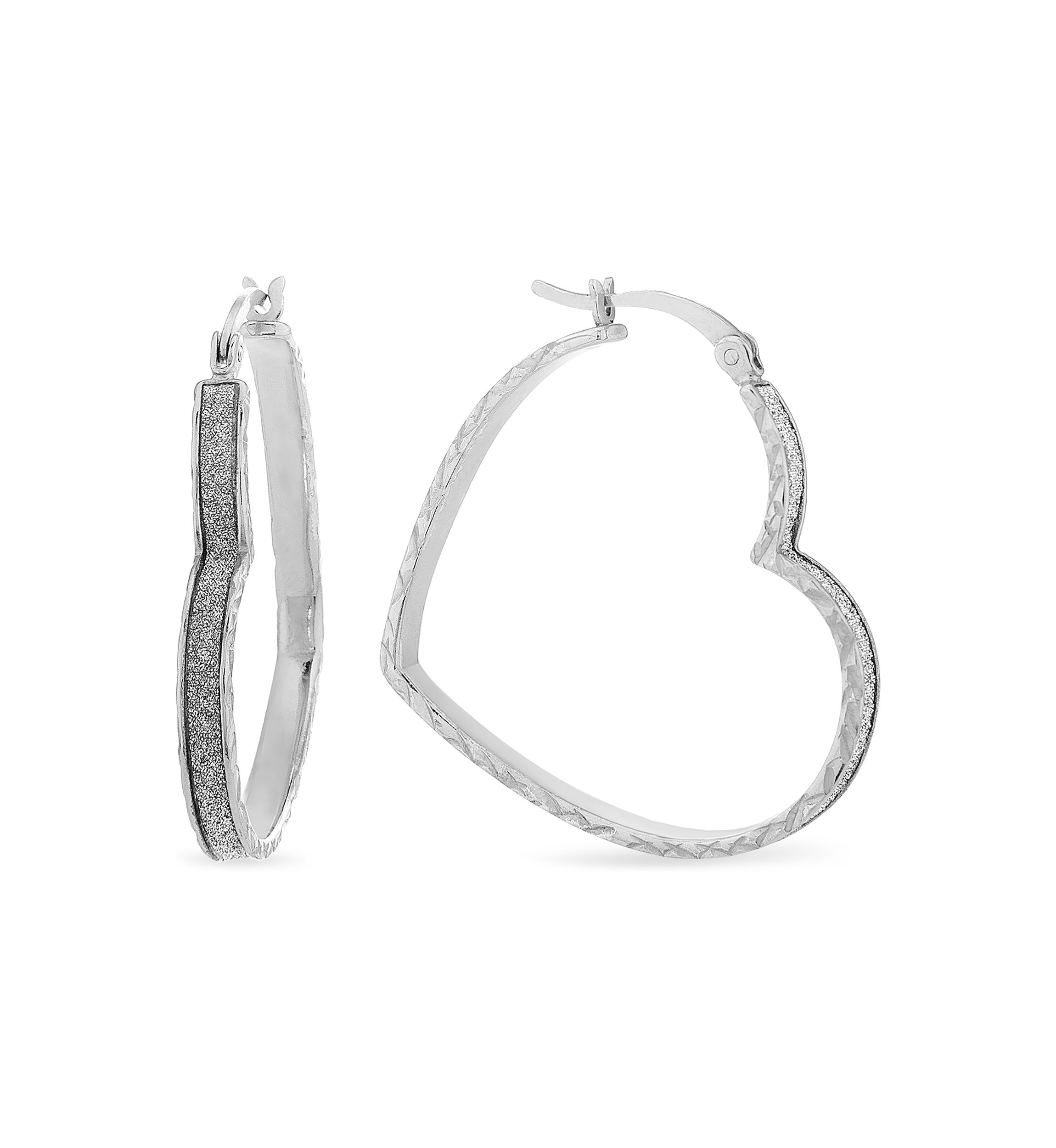  Sterling Silver Glitter Heart Hoop Earrings 