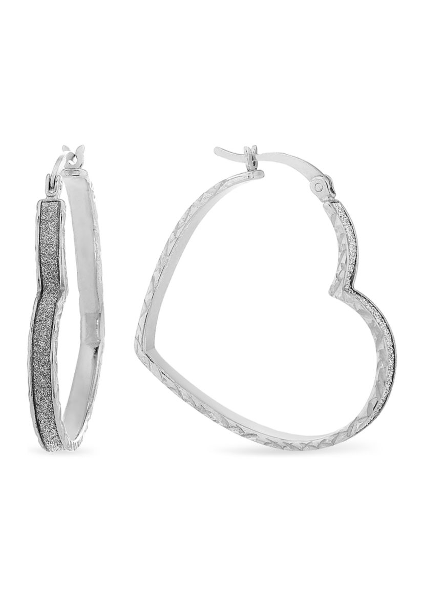 Sterling Silver Glitter Heart Hoop Earrings 