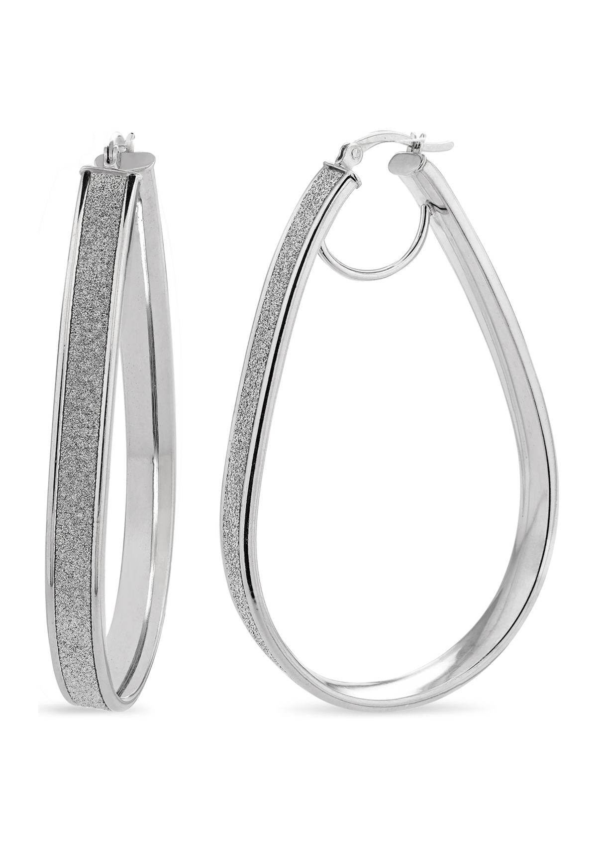  Sterling Silver Rhodium Glitter Pear Shaped Hoop Earrings 