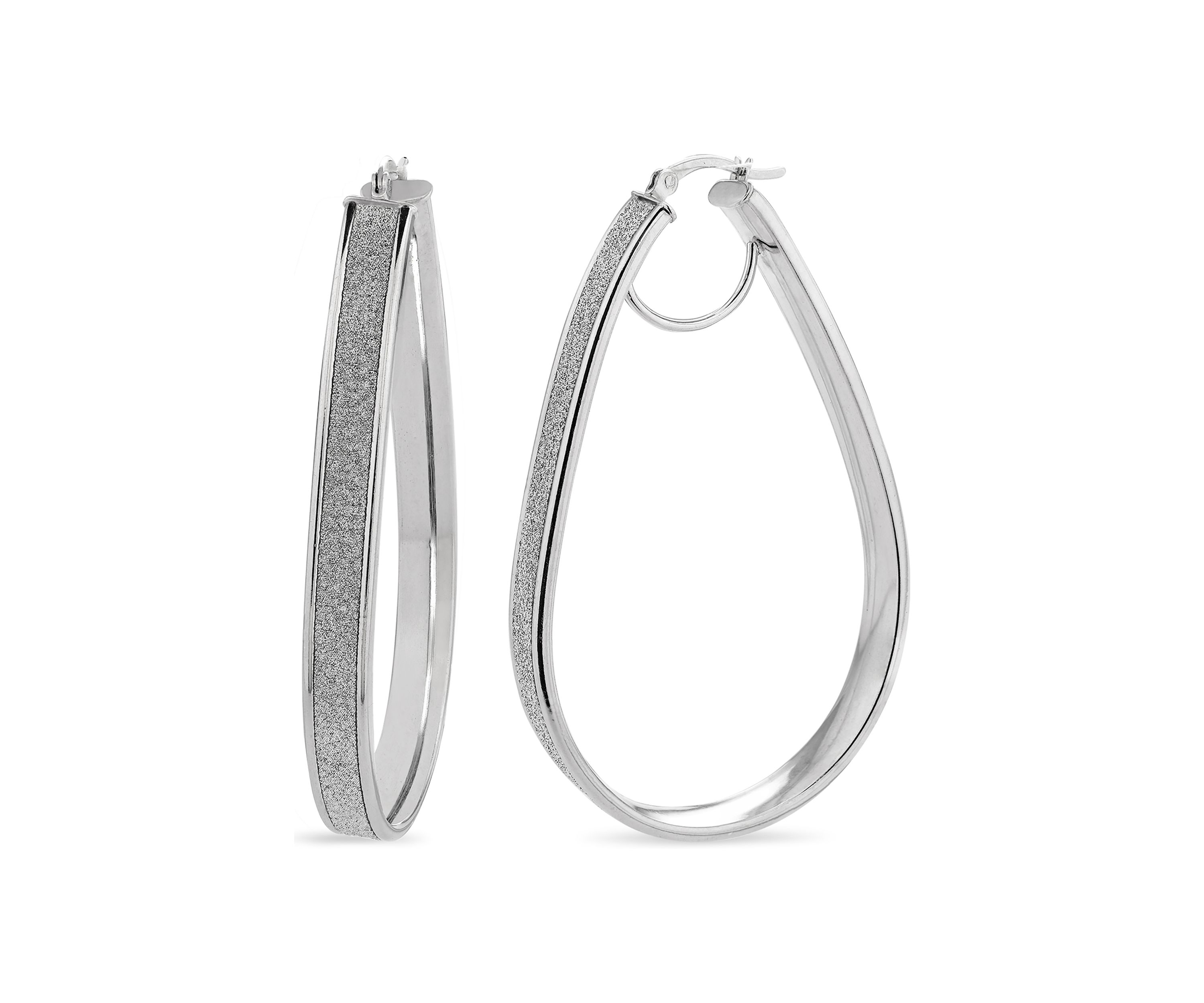  Sterling Silver Rhodium Glitter Pear Shaped Hoop Earrings 