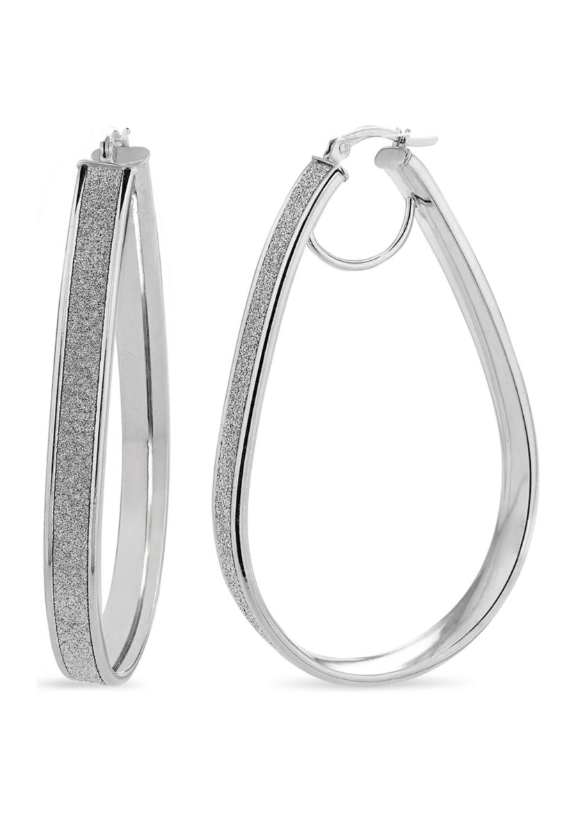  Sterling Silver Rhodium Glitter Pear Shaped Hoop Earrings 