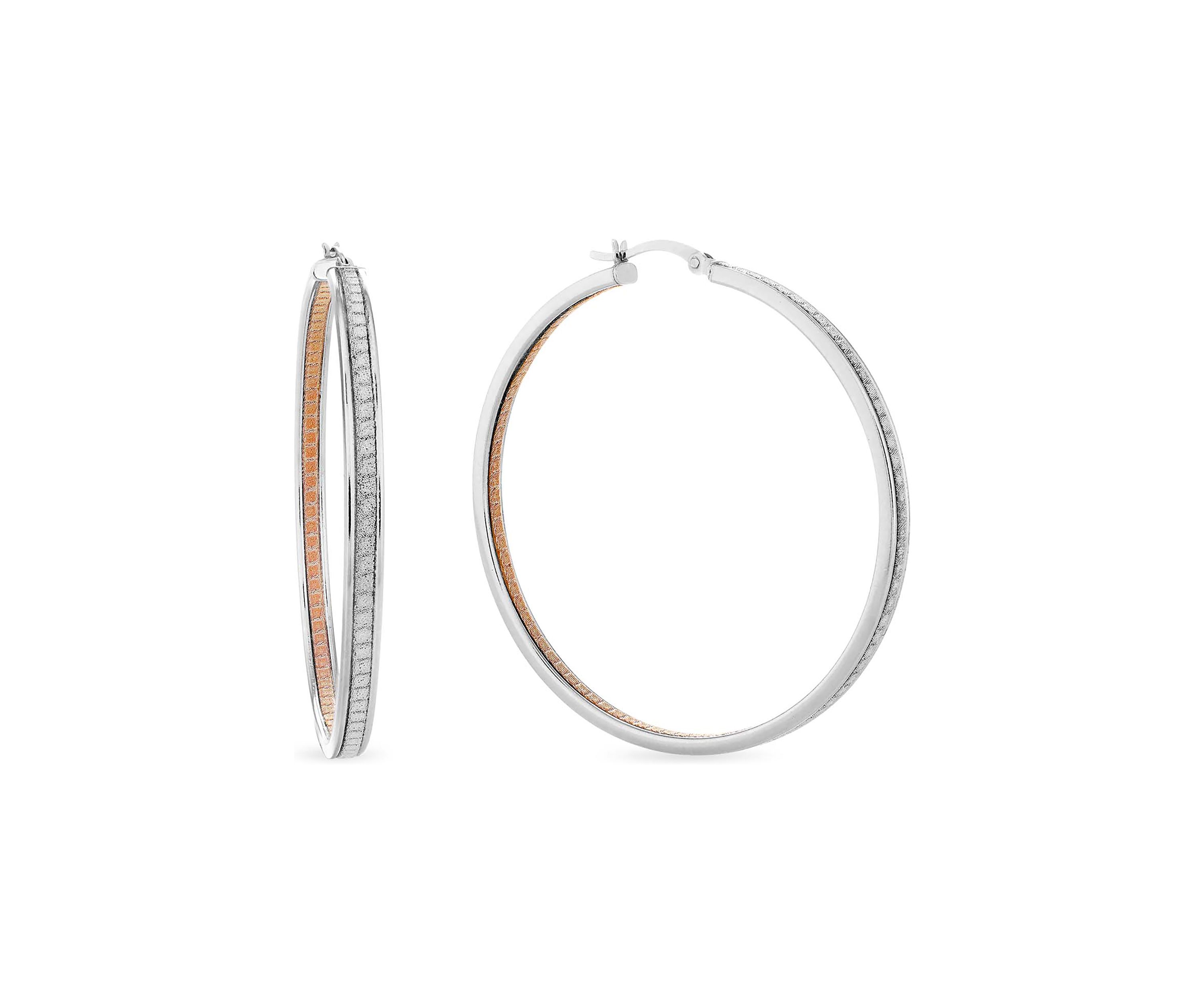 Sterling Silver 50x3.5mm Silver and Gold Glitter Inside Out Hoop Earrings