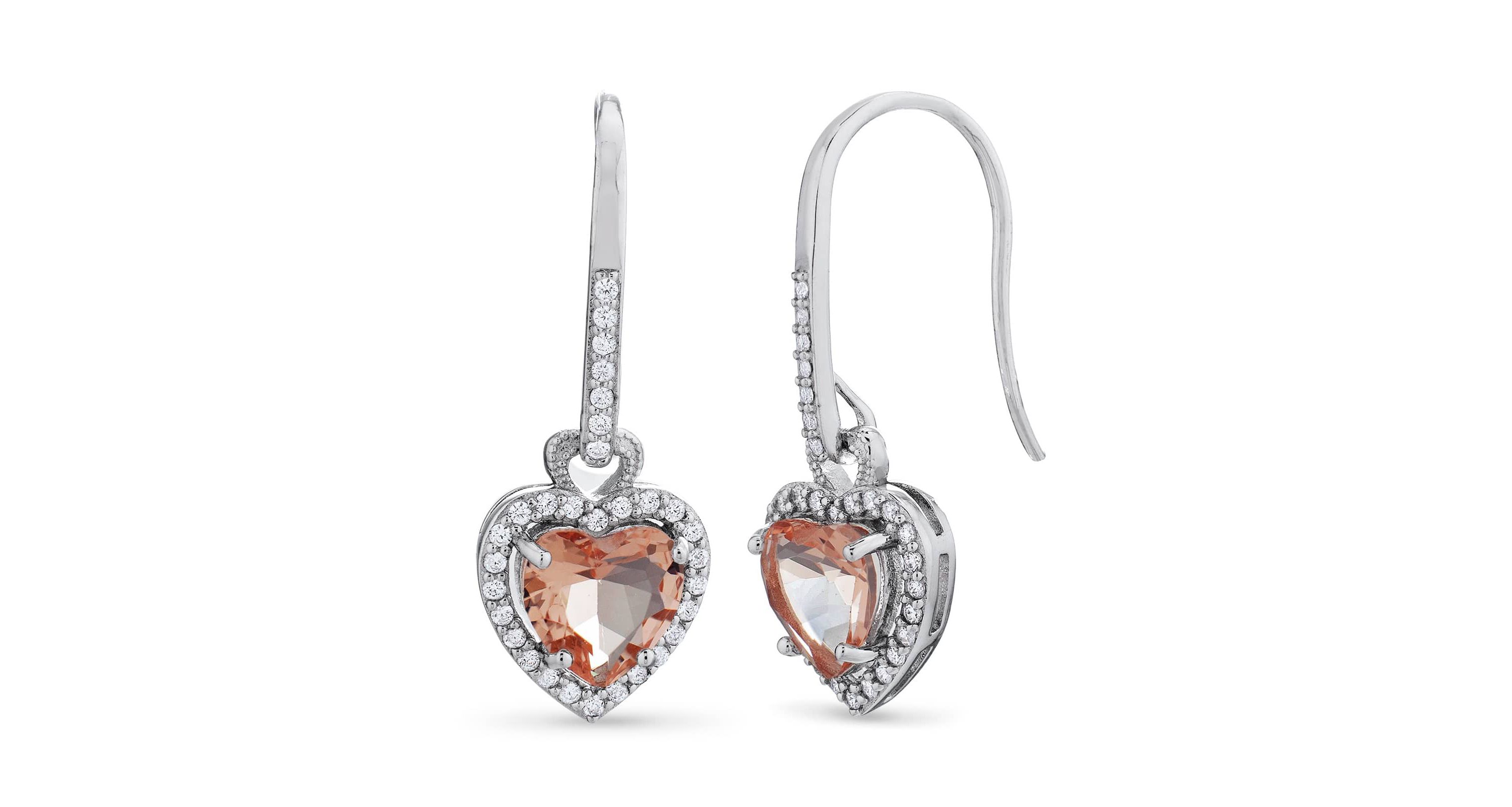 Lab Created Sterling Silver Morganite Peach Cubic Zirconia Heart Drop Euro Wire Earrings