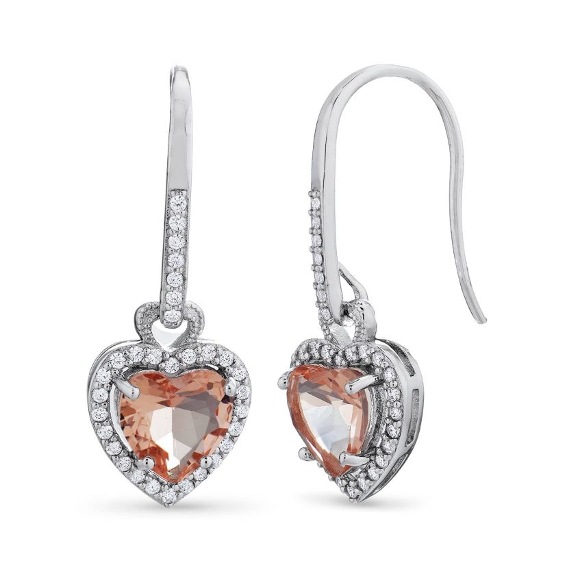 Lab Created Sterling Silver Morganite Peach Cubic Zirconia Heart Drop Euro Wire Earrings