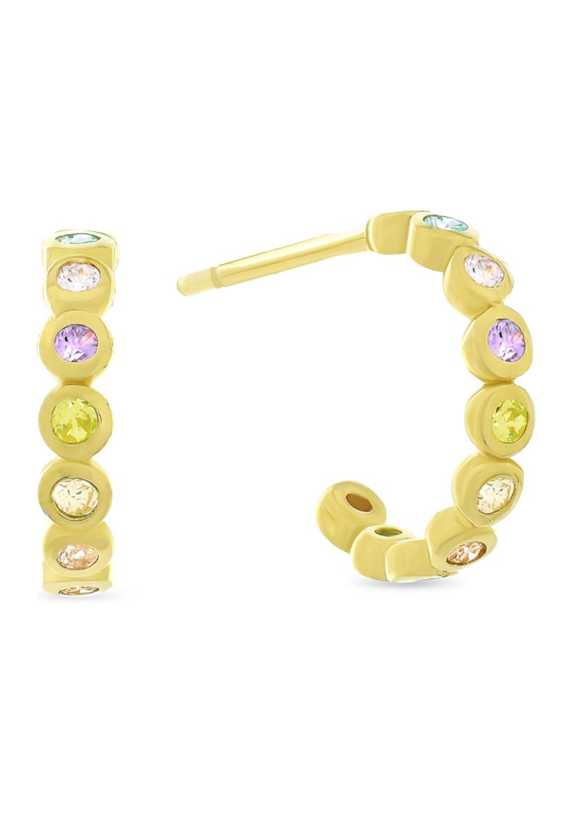Rainbow Cubic Zirconia Half Hoop Earrings in 14K Gold Plated Sterling Silver
