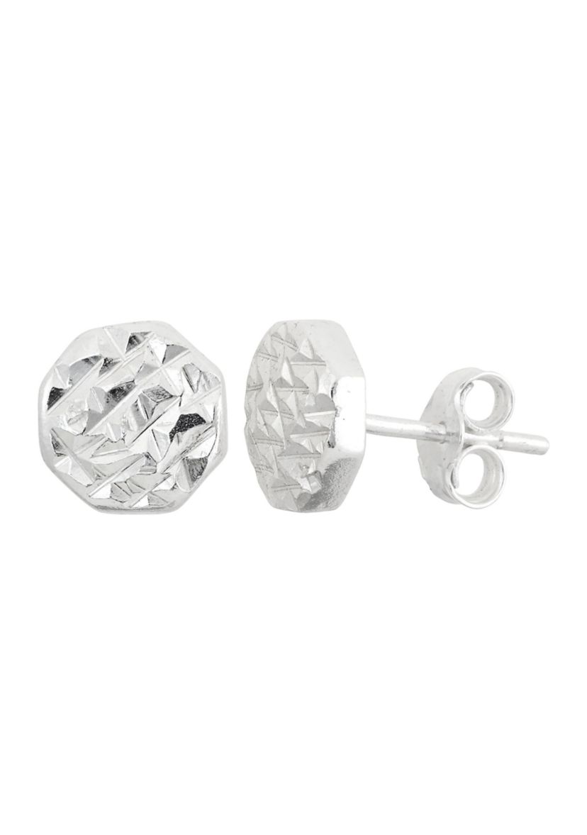 Octagon 8mm Round Diamond Cut Stud Earrings in Sterling Silver
