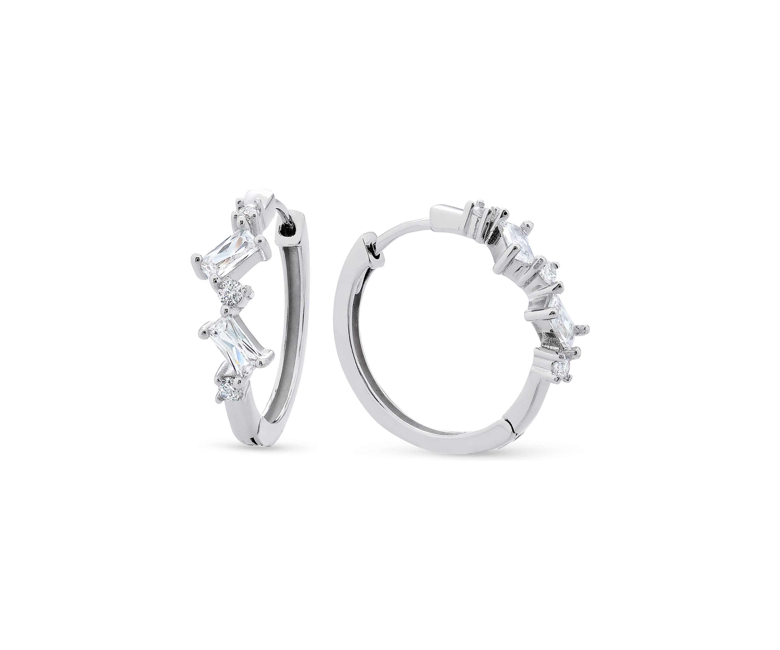 Sterling Silver Emerald and Round Cubic Zirconia Huggie Hoop Earrings