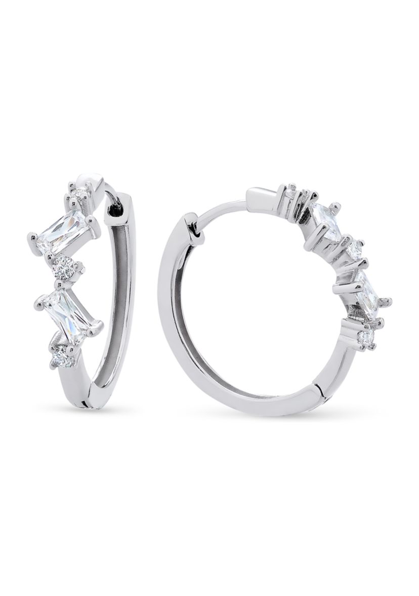 Sterling Silver Emerald and Round Cubic Zirconia Huggie Hoop Earrings