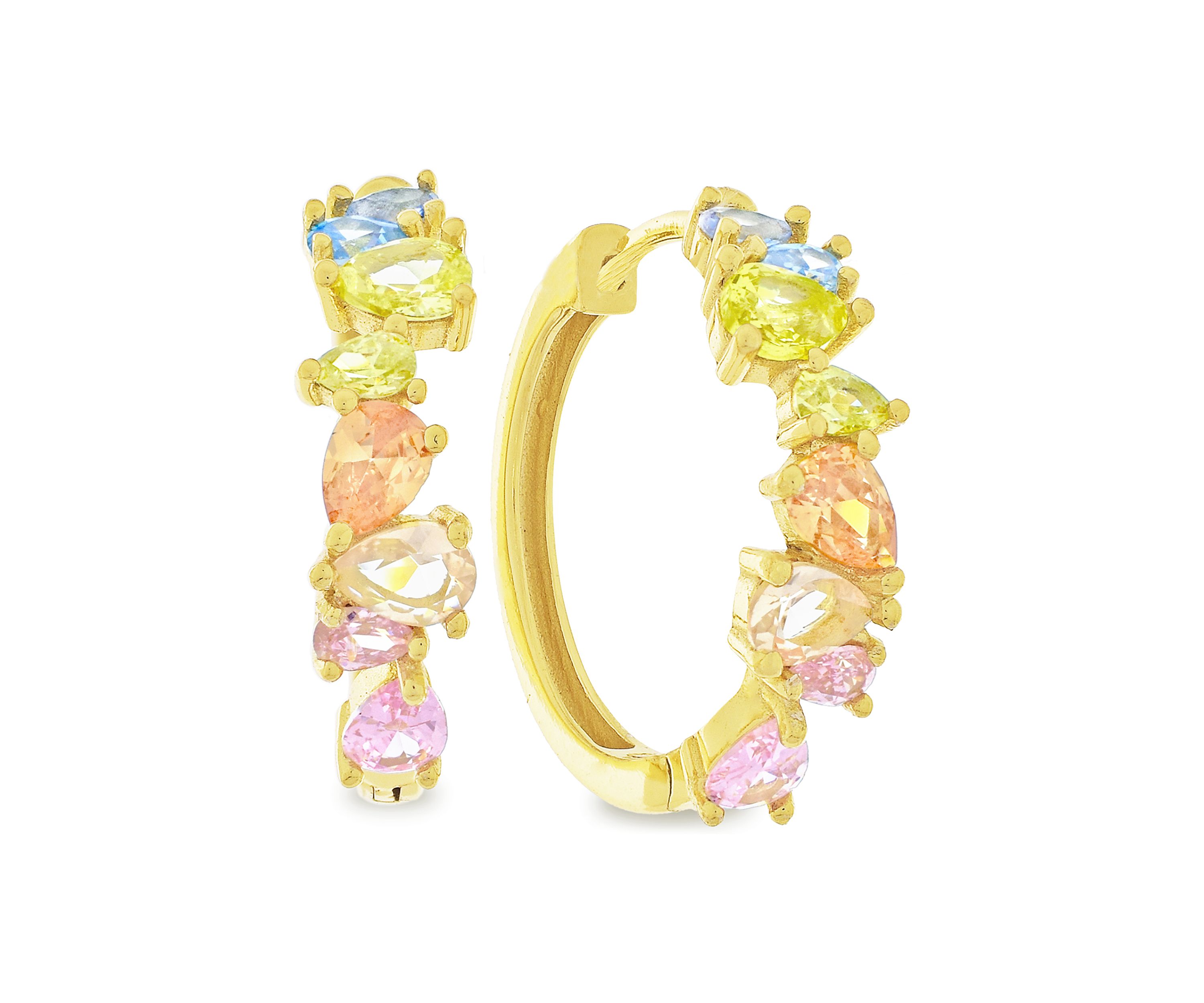 Rainbow Pear Cubic Zirconia Huggie Earrings in 14K Gold Plated Sterling Silver