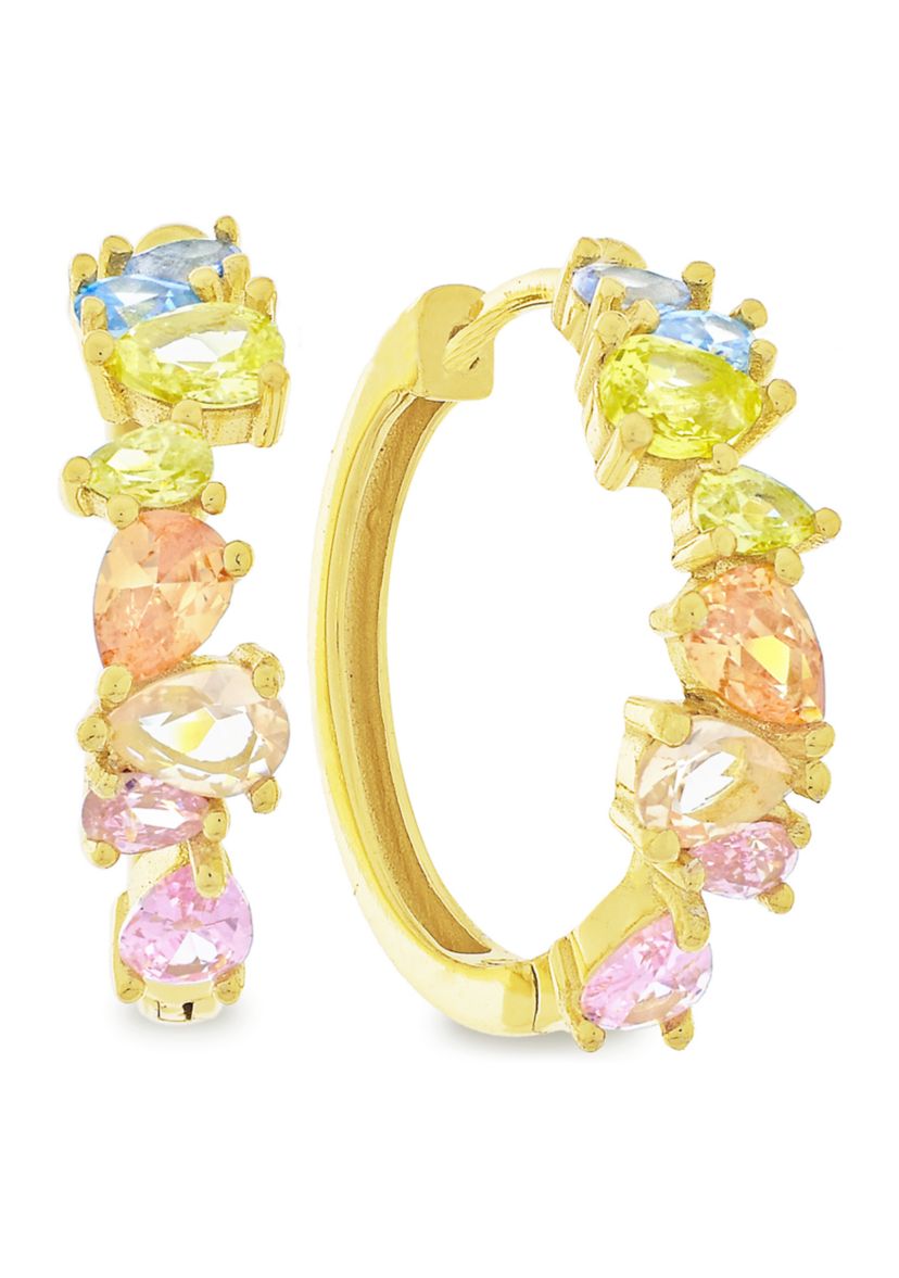 Rainbow Pear Cubic Zirconia Huggie Earrings in 14K Gold Plated Sterling Silver