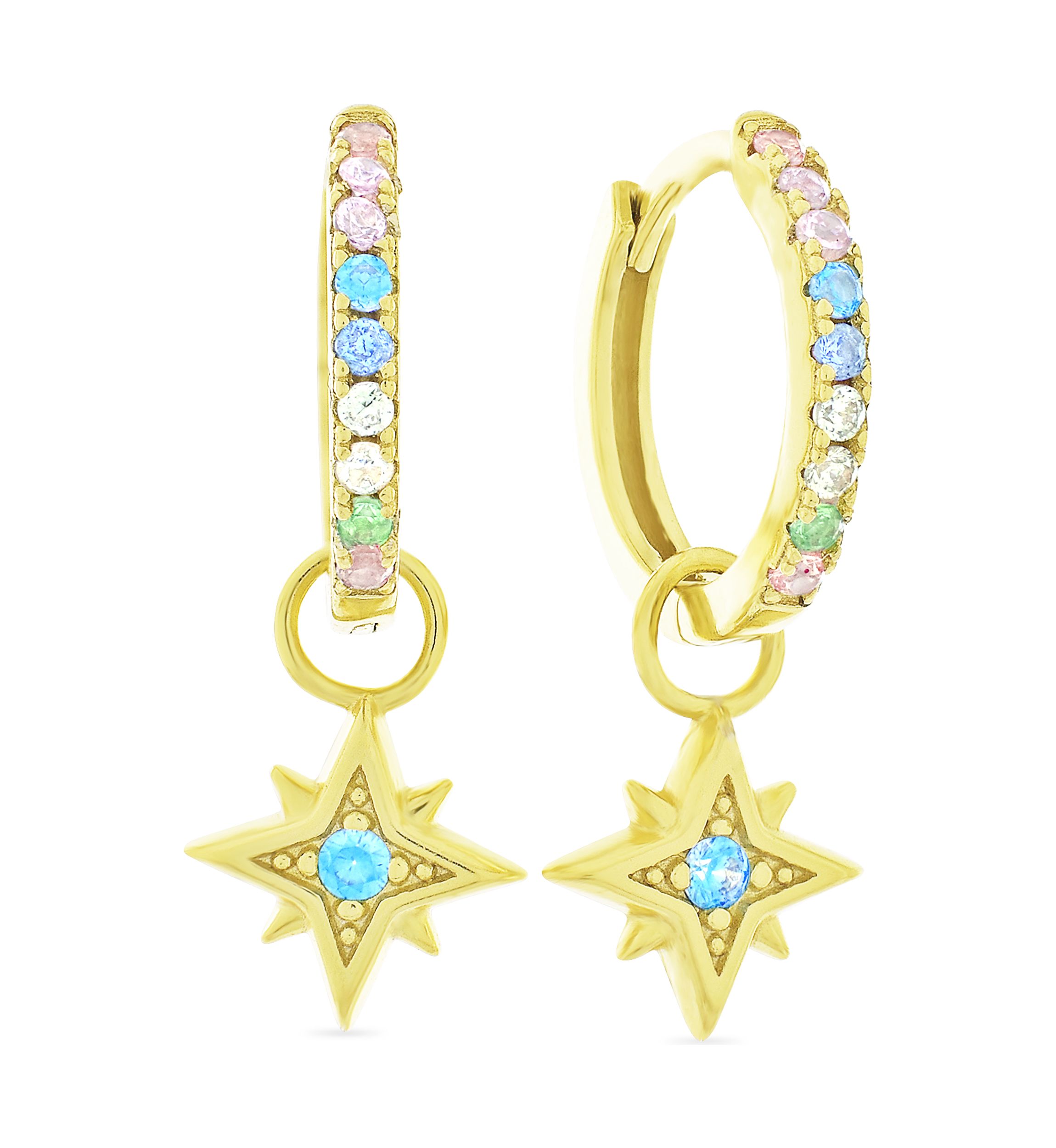 Rainbow Cubic Zirconia Dangle Starburst and Huggie Earrings in 14K Gold Plated Sterling Silver