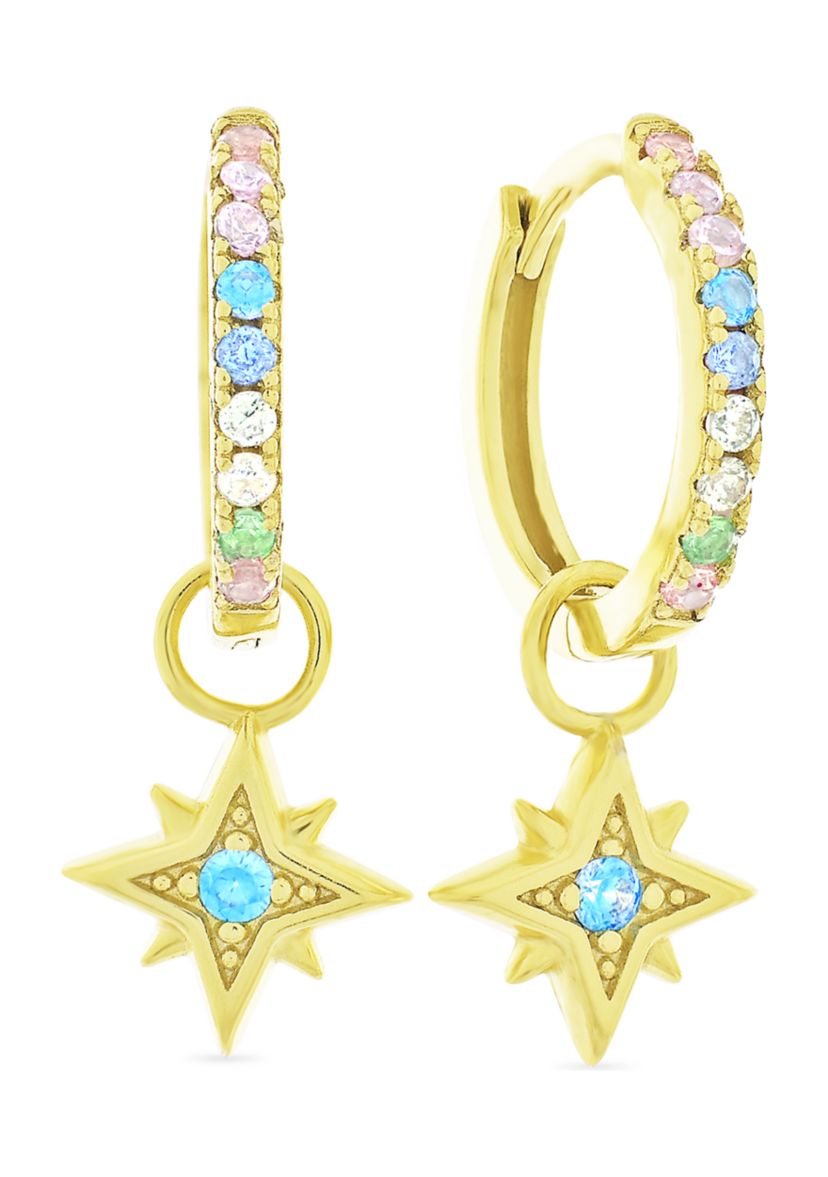 Rainbow Cubic Zirconia Dangle Starburst and Huggie Earrings in 14K Gold Plated Sterling Silver