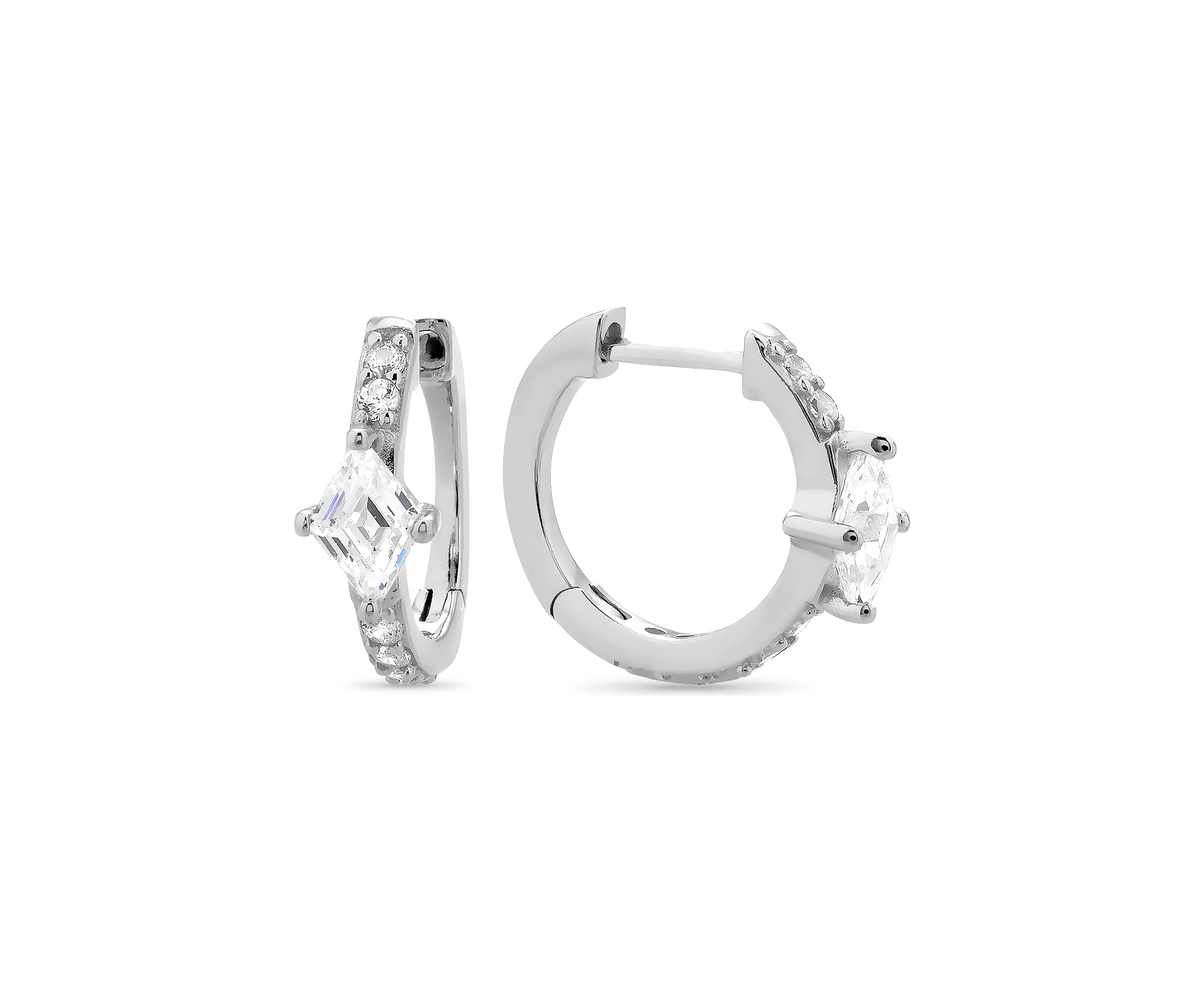 Sterling Silver Diamond Cubic Zirconia Center Huggie Hoop Earrings