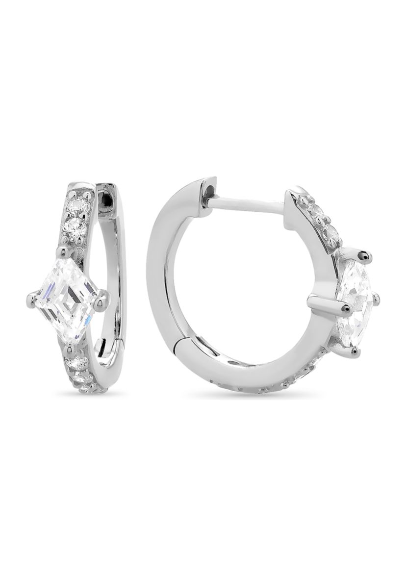 Sterling Silver Diamond Cubic Zirconia Center Huggie Hoop Earrings