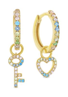 Forever New Featuring Swarovski Zirconia Rainbow Cubic Zirconia Dangle Key And Heart Huggie Earrings In 14K Gold Plated Sterling Silver