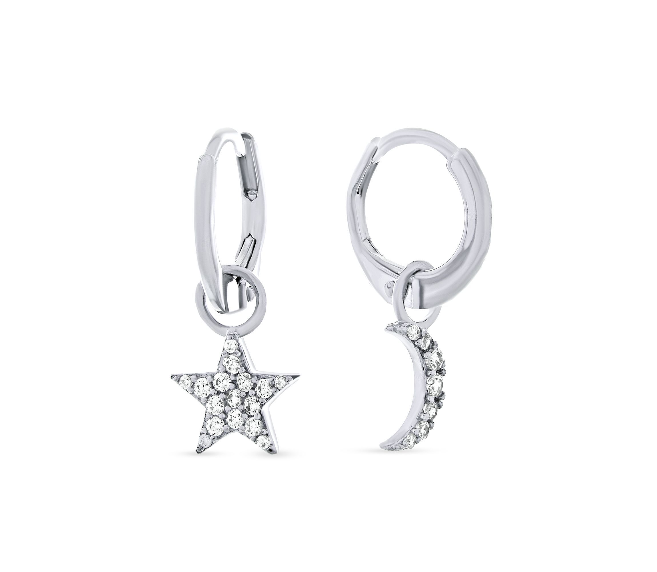 Sterling Silver Cubic Zirconia Moon Star Dangle Huggie Hoop Earrings