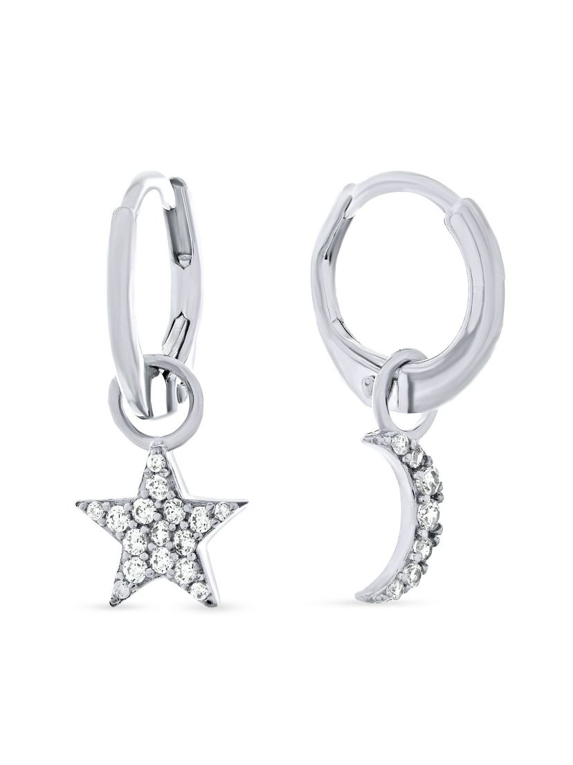 Sterling Silver Cubic Zirconia Moon Star Dangle Huggie Hoop Earrings