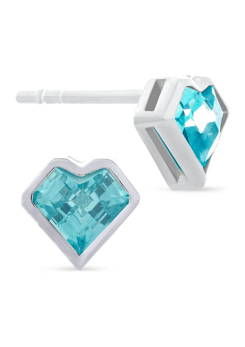 Aqua Blue Cubic Zirconia Bezel Heart Stud Earrings in Sterling Silver