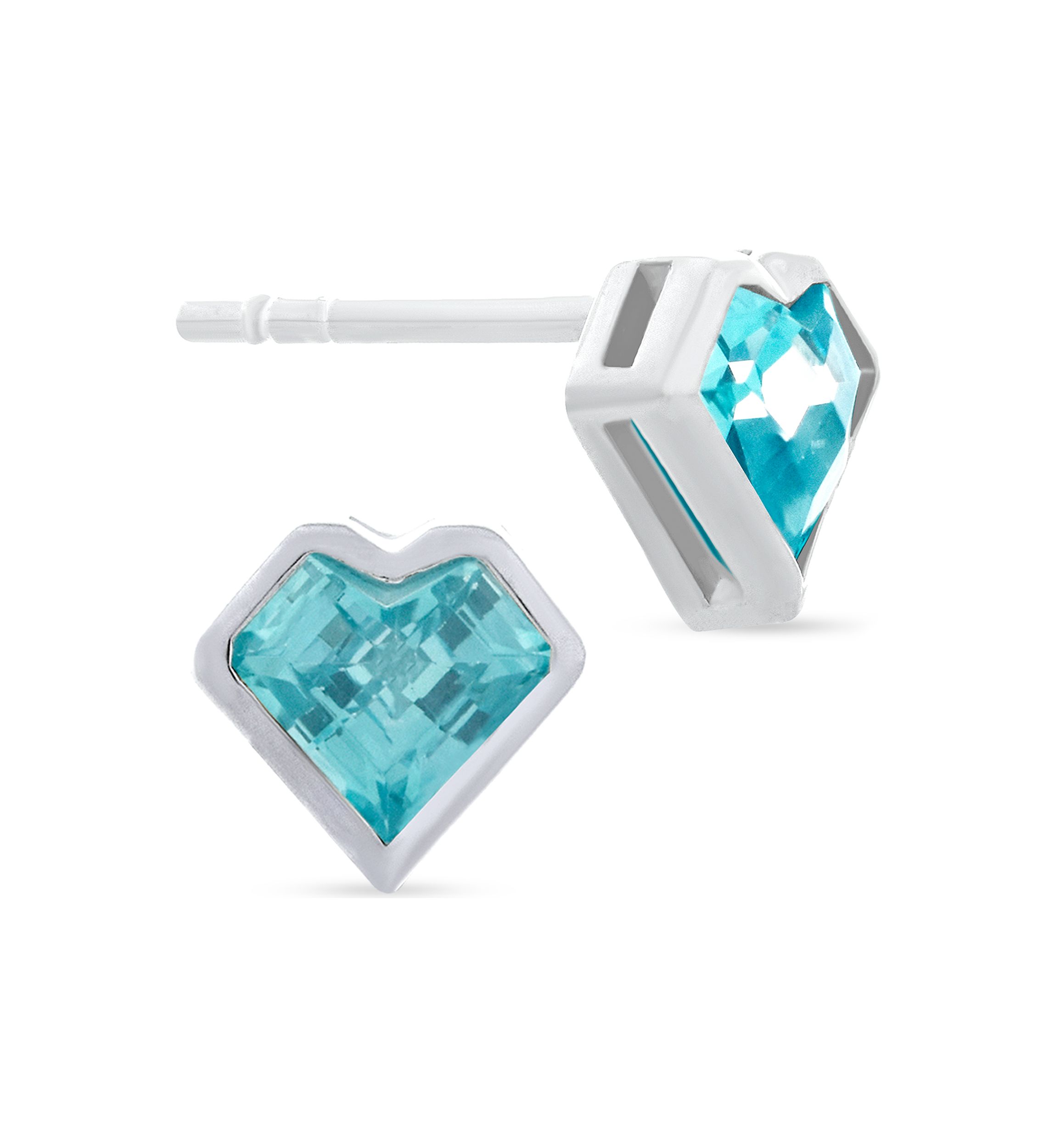 Aqua Blue Cubic Zirconia Bezel Heart Stud Earrings in Sterling Silver