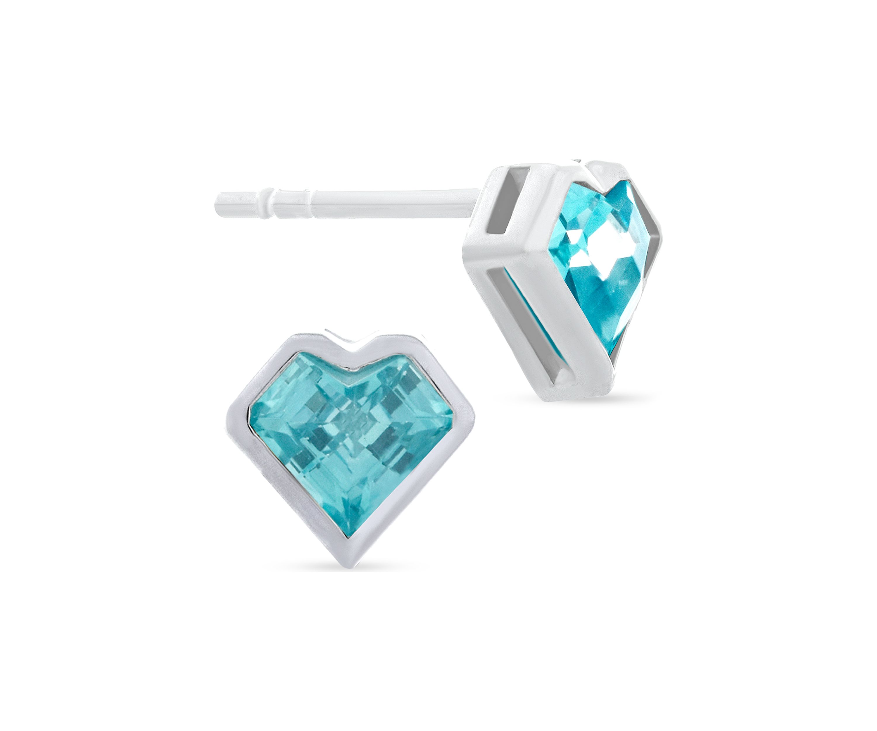 Aqua Blue Cubic Zirconia Bezel Heart Stud Earrings in Sterling Silver