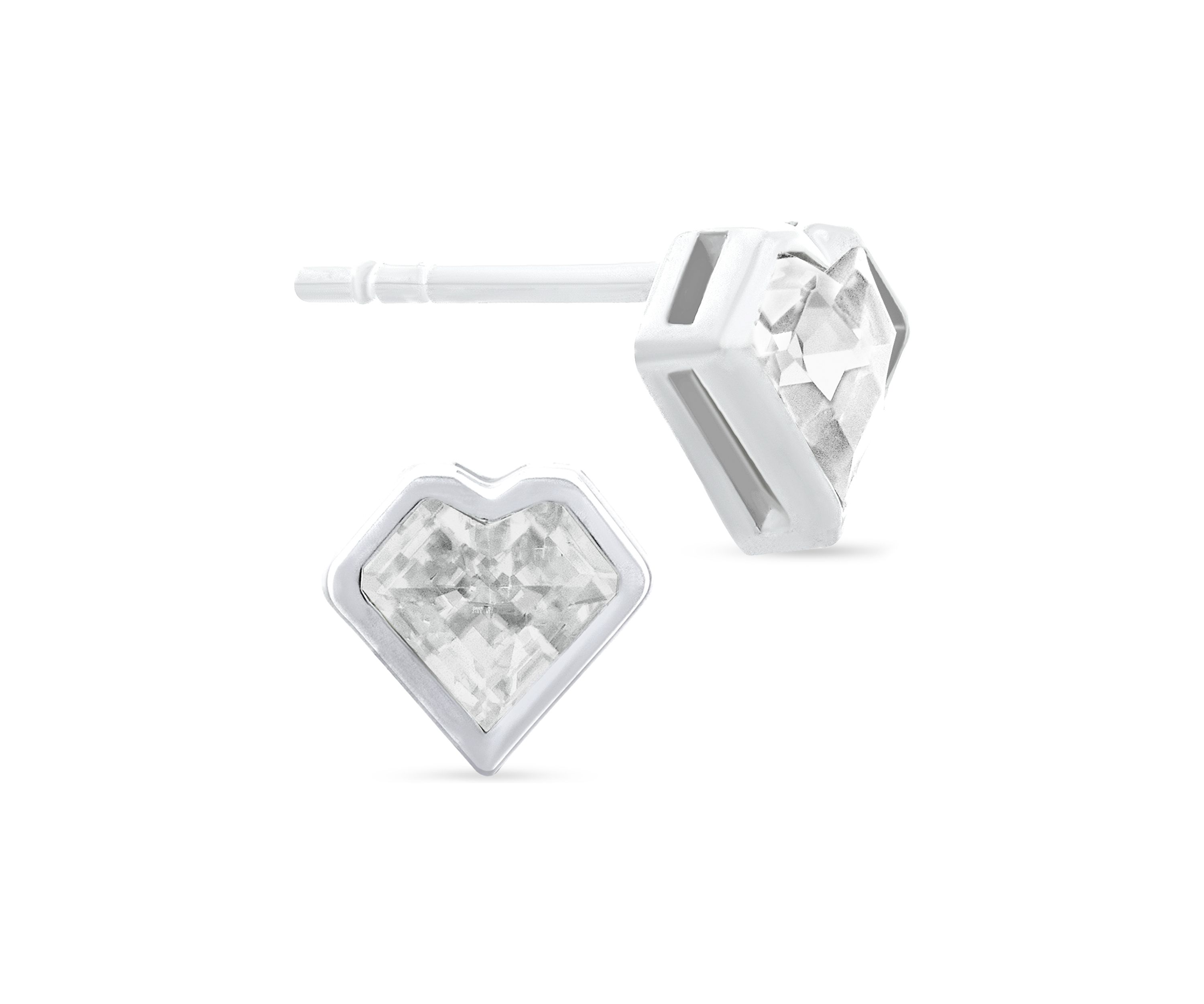 White Cubic Zirconia Bezel Heart Stud Earrings in Sterling Silver