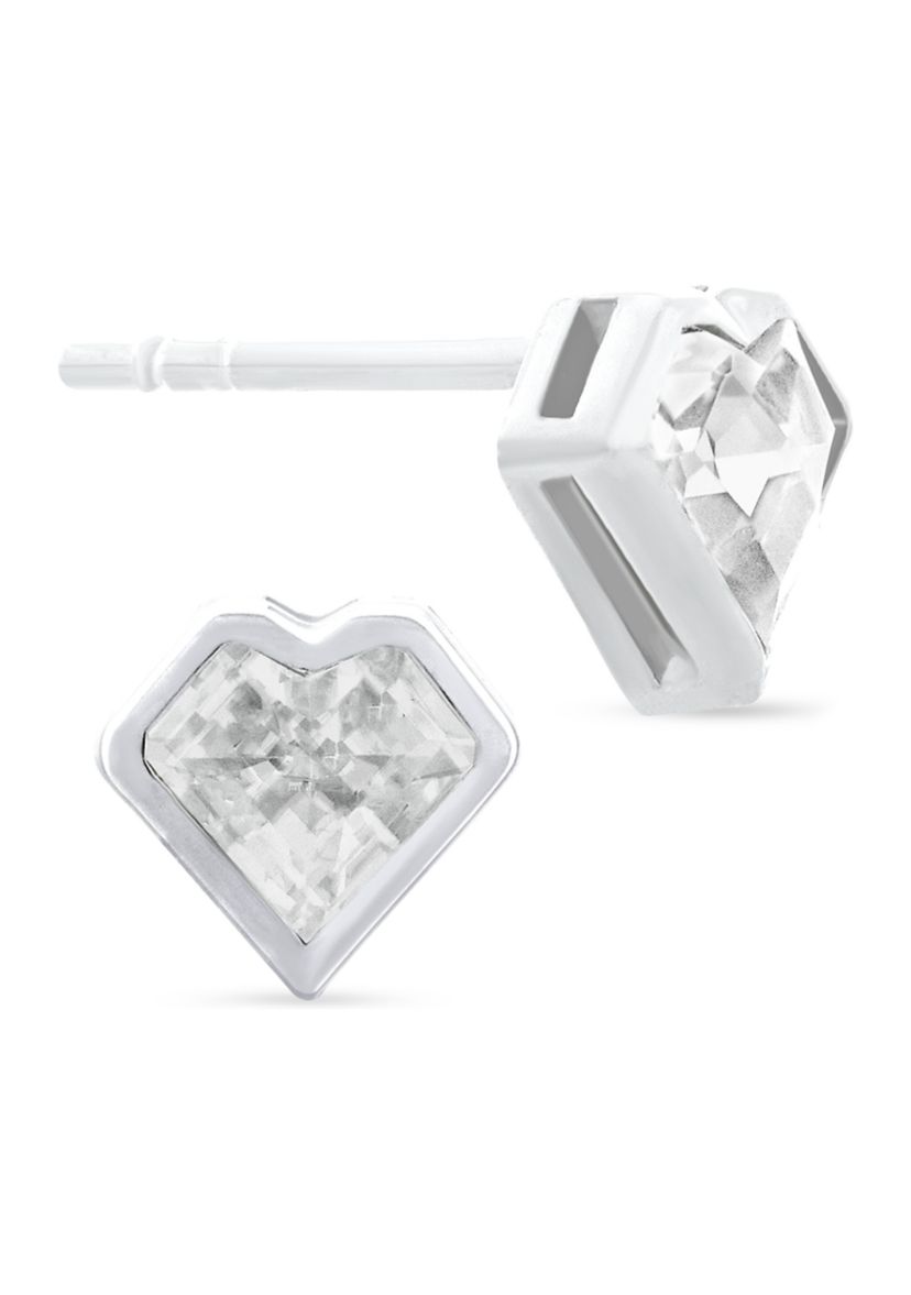 White Cubic Zirconia Bezel Heart Stud Earrings in Sterling Silver