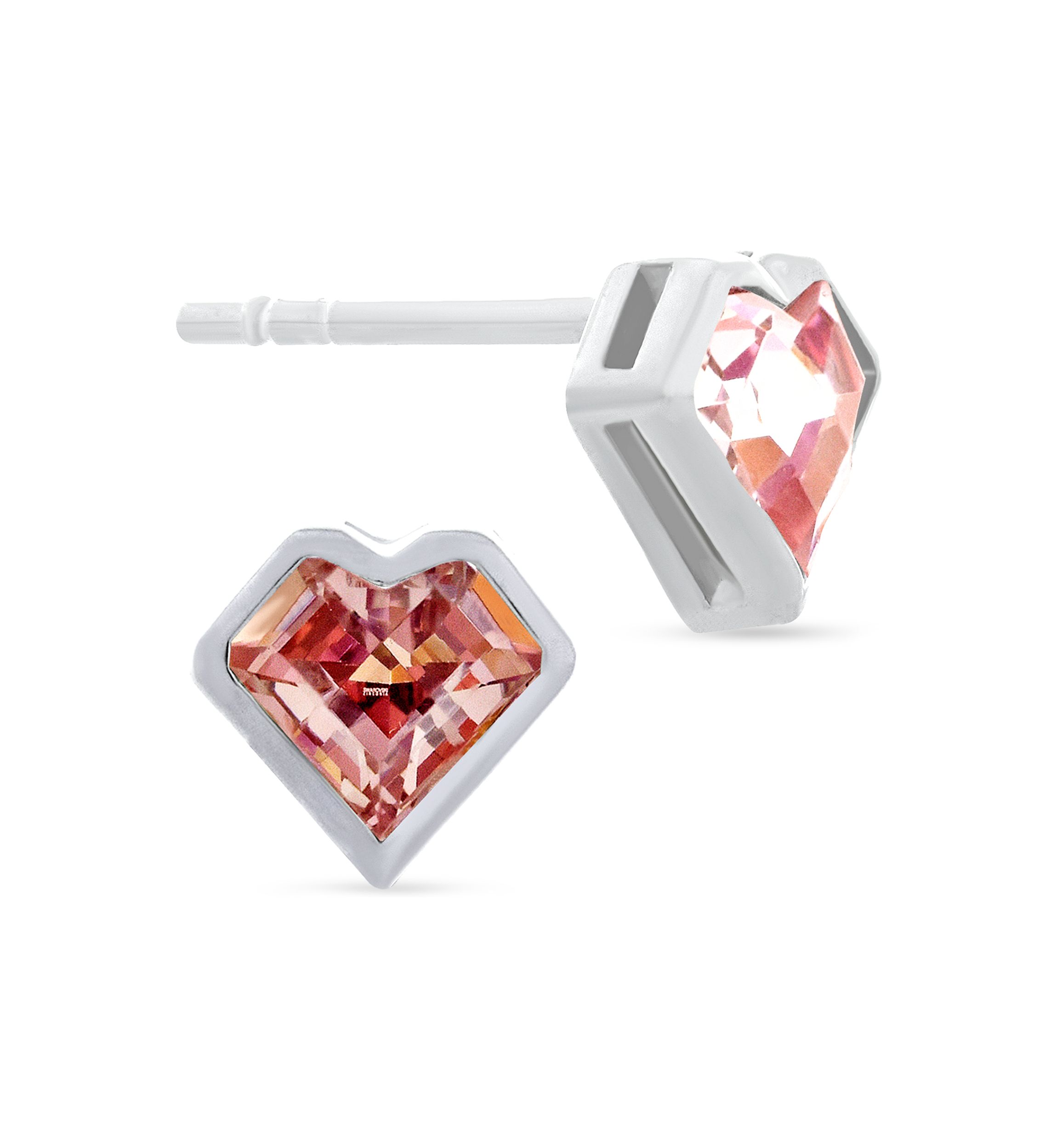 Rose Cubic Zirconia Bezel Heart Stud Earrings in Sterling Silver