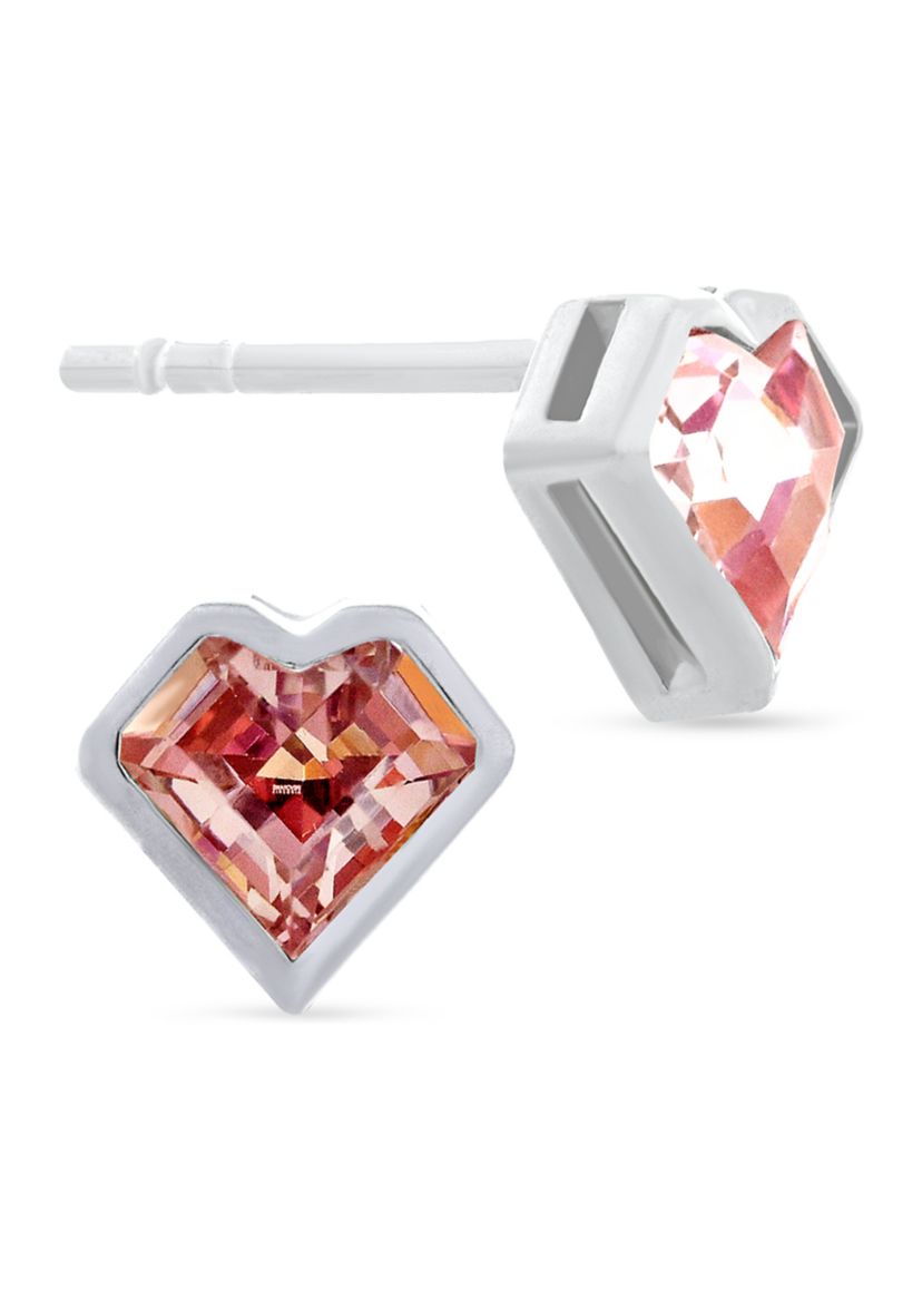 Rose Cubic Zirconia Bezel Heart Stud Earrings in Sterling Silver